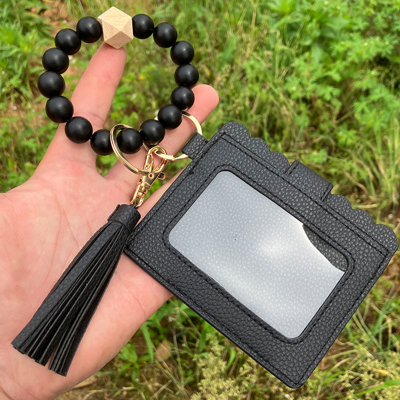 Wholesale Card Holder Pu Tassel Beads Bracelet Wallet Keychain